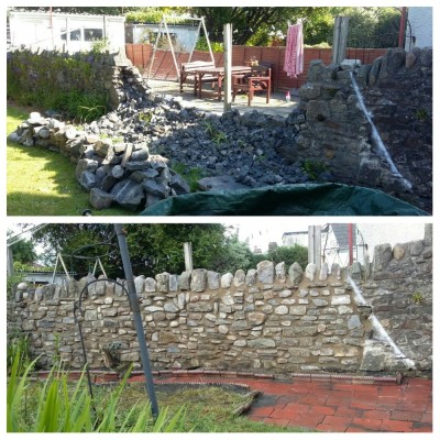 weather damaged Random stone walling, Rebuild using original stone.